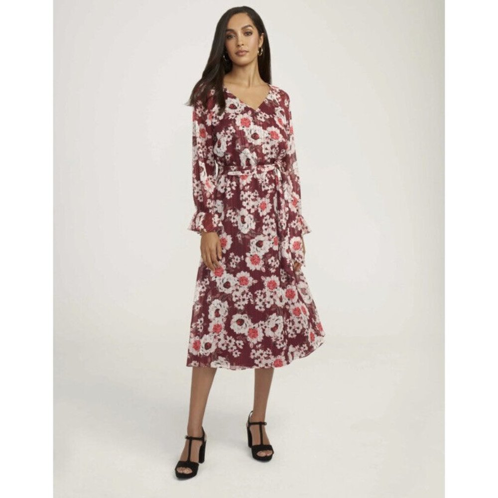 Anne Klein Floral Print Elastic Waist Dress Elderberry Combo S - Picture 1 of 6